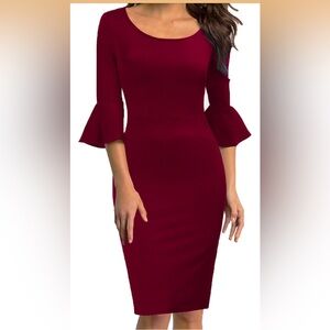 Women's Burgundy Sheath Dress with Bell Sleeves